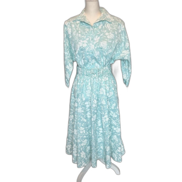VTG The American Shirt Dress Aqua White Floral Belted Women’s 15/16 Vintage 80’s - Picture 1 of 10